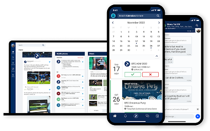Teamo on laptop and phone — club dashboard, calendar, news, chat and payments in one place