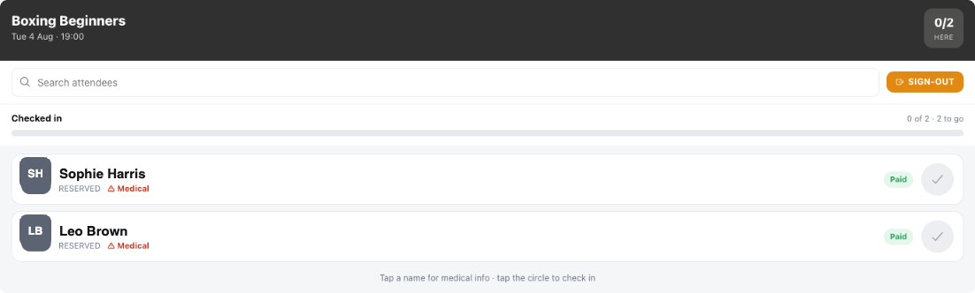 Class register listing attendees with paid status, a medical warning and check-in circles