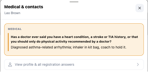 Medical panel showing the question the club asked and the member's answer