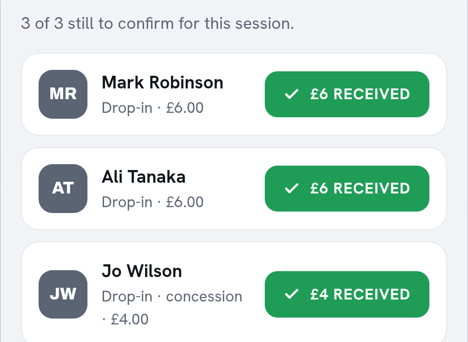 Coach's phone screen listing everyone who owes cash for a session, each with a received button