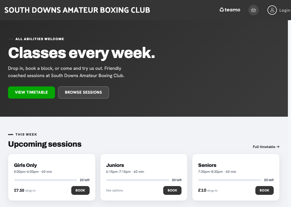 A club's public class page with its own name, a hero and this week's sessions