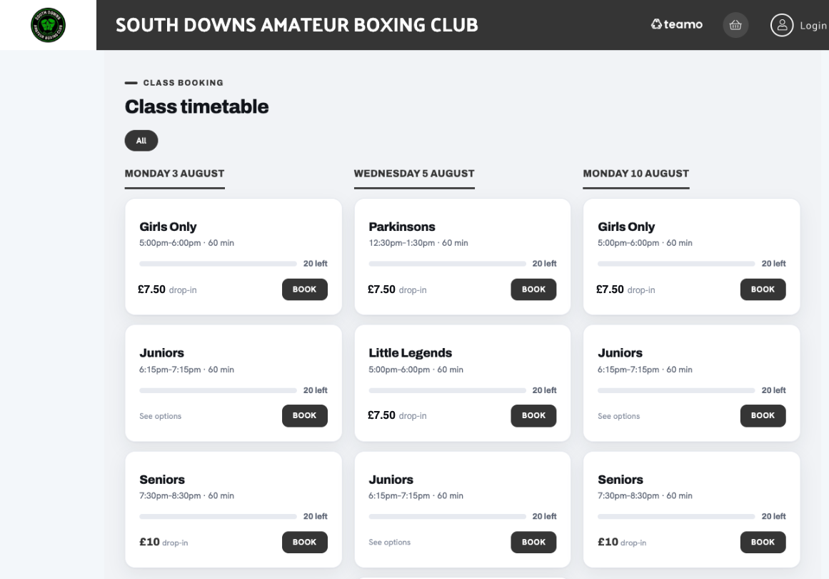 Public class timetable grouped by date, each session card showing its price and the size of the class
