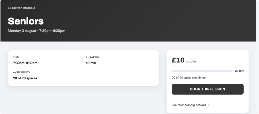 A single session page showing time, duration, availability, drop-in price and a book button